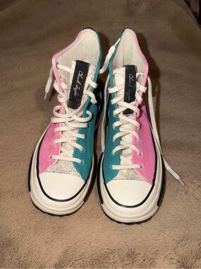 Converse Platform High Top Sneakers in Pink and Teal with Glitter Toe